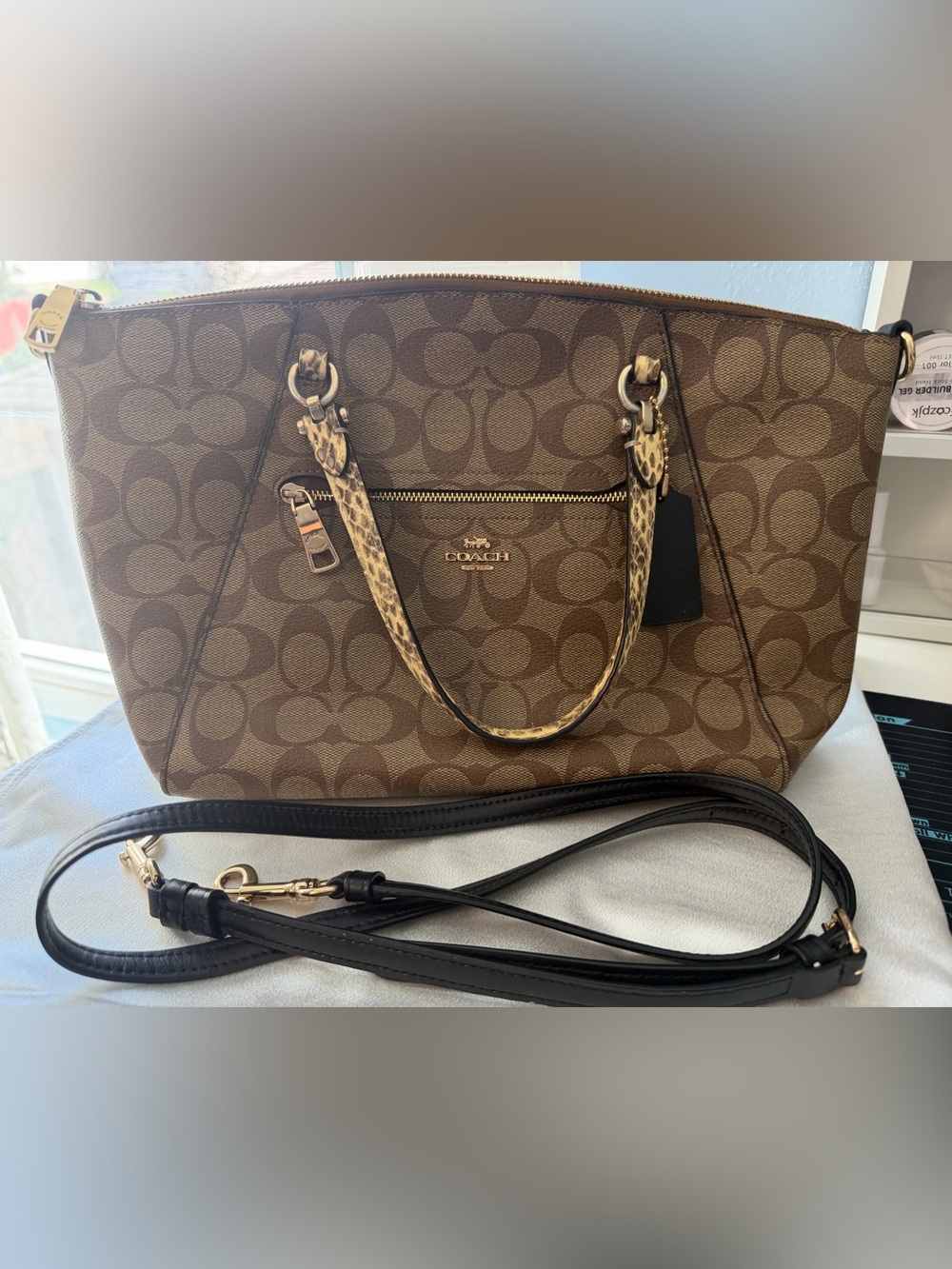 Coach Brown Signature Satchel with Leopard-Print Handles